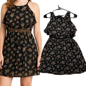 Emerald Sundae Floral Black Mesh Waisted‎ Ruffled Bodice Dress Size Small